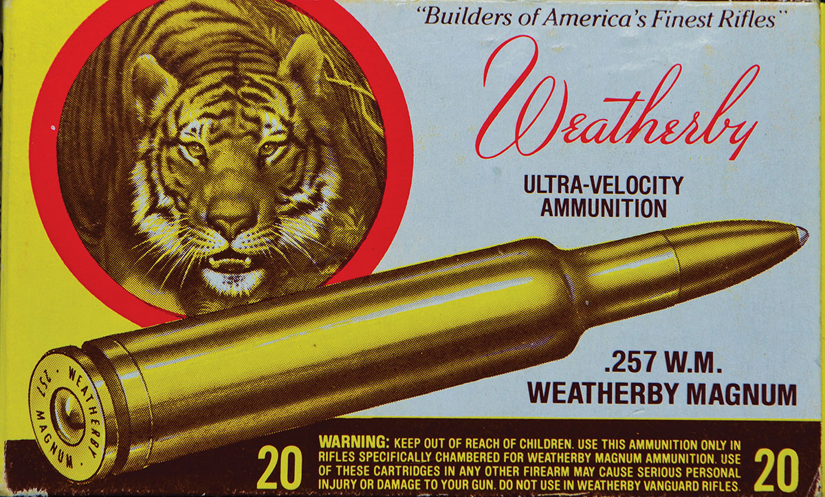 The beautifully distinctive Weatherby box for its smaller calibers, way back when. They had style!